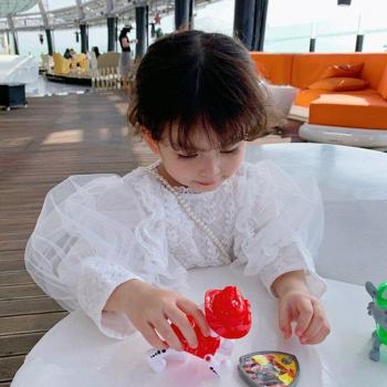 Camiseta de Manga Abombada de Encaje para Niñas, Blusa de Princesa de Manga Larga, Ropa para Niños de 2 a 7 Años