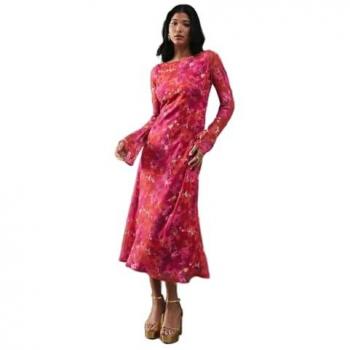 Pink Women's Burnout Floral Chiffon Midi Dress with Slash Neck