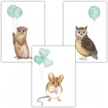 Frechdax® 3er Set Kinderzimmer Poster Baby Bilder DIN A4 | Tierposter Waldtiere Safari Afrika Luftballon Farbwahl