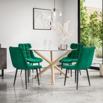 Oak‑Leg Clear Glass Dining Table + Green Velvet Chair Pack
