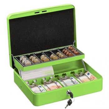 Cajita de Dinero con Llave, Bandeja para Monedas y 4 Compartimentos para Billetes, Hierro Verde, 8,5x30,5x24,5 cm