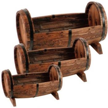Holz-Pflanzfässer 3er-Set Blumentopf Pflanzkasten Pflanzschale Blumenkasten Deko