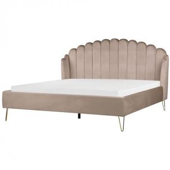 Letto Matrimoniale Velluto Tortora con Testiera a Conchiglia e Gambe in Metallo 180 x 200 cm