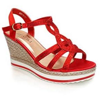 Red Crystal Shine Platform Espadrilles for Women