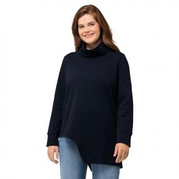 Ulla Popken Damen Long-Sweatshirt, Cut-Out Stehkragen, Langarm, Biobaumwolle, Größe 50/52, Blau