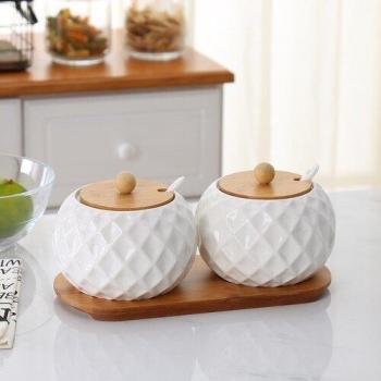 Korean Ceramic Spice Containers with Bamboo Tray