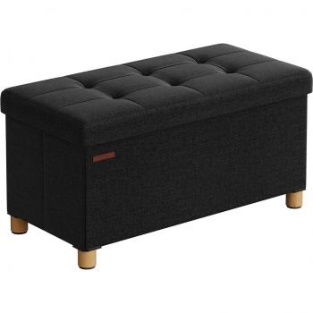 Banco taburete acolchado tapizado capitoné con reposapiés y almacenamiento, diseño bonito, disponible en azul vaquero o negro, dimensiones 38x76x40 cm
