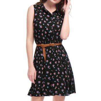 Black Floral Belted Dress by Allegra K