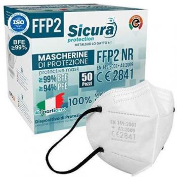 Mascherine FFP2 50 pezzi CE, Made in Italy, Elastici Neri Sicura Protection