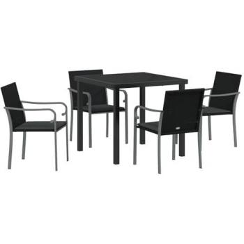 Tavolo & Sedie Esterni in Polyrattan Nero – 5 unità