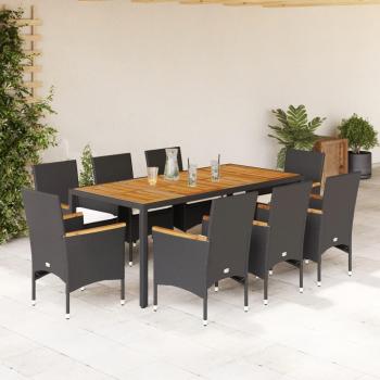 Set de muebles de jardín 9 piezas con cojines ratán PE y acacia negra
