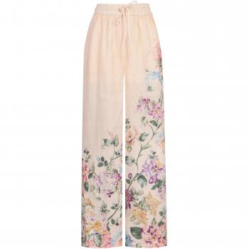 Zimmermann Women's Floral Print Linen Trousers Beige 9863PSS241CWFL Wide Trousers Female Multicolor Size: XS Floral Palazzo Trousers