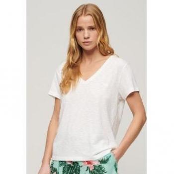 Superdry Damen V-Ausschnitt T-Shirt, bestickt und geflammt, Blanc XL