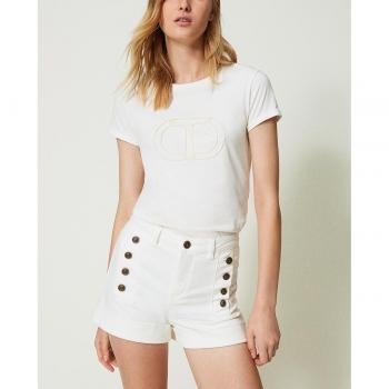 T-shirt donna Twinset con Oval T ricamato, Bianco Neve, Taglia S
