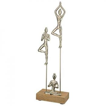 Yogengruppe Skulptur – Silber‑Aluminium mit Mangoholz, 1 Stück