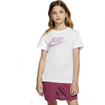 Camiseta de niñas Nike G NSW futura básica de manga corta, blanca/(flamingo mágico), XS
