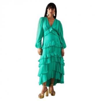 Green Dobby Chiffon Ruffle Midi Dress