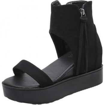 Sandales compensées à franges noires pour femmes, style romain et talons épais