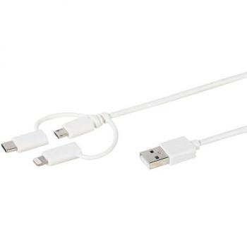 Cable de carga Vivanco 38784, 1m, USB-A a Lightning, MicroUSB y USB-C, Blanco