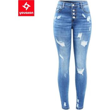 Youaxon Damen Stretch Ripped Jeans mit Knopfverschluss 2239