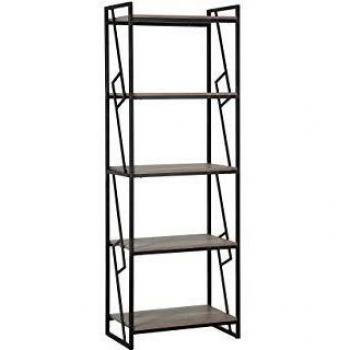 Industrial 5 Tier Bookshelf with Metal Frame and Wood Finish