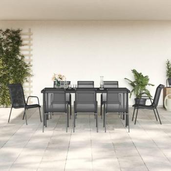 VidaXL 9 Piece Garden Dining Set Black Steel and Textilene: 9-piece outdoor dining set, includes a rectangular table and 8 chairs, made of durable black steel frame and textilene fabric, weather-resistant, easy to clean