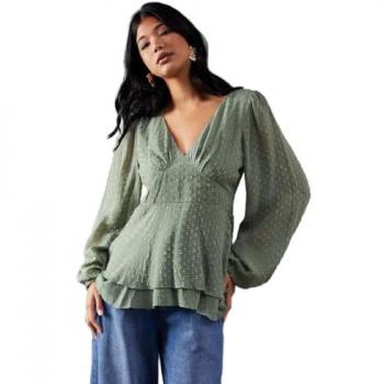 Khaki Double Layer Plunge Neck Chiffon Blouse for Women