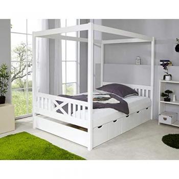 TiCAA Himmelbett Lino 140x200 cm mit 5 Schubladen und Vorhangstoff, Kiefer Massivholz, weiß