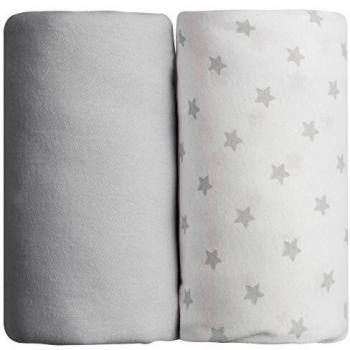 2 Draps housse Jersey coton Babycalin, design étoiles grises et gris uni (70x140 cm)