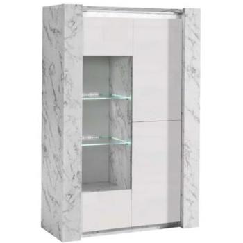Vitrine Design 3 Portes Laquée Blanc et Marbre avec Éclairage LED