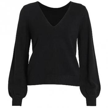 Pull noir col en V à manches bouffantes