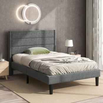 Cama Infantil OKWISH 90x200 cm Gris, Tejido de Lino y Somier