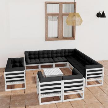 Set Divani da Giardino 12 pz Cuscini Bianchi in Legno Massello di Pino