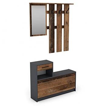 ByLIVING Garderoben-Set TAMINA, Schuhschrank mit Spiegel und Kleiderhaken, 97 cm, Anthrazit/Old Wood
