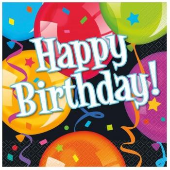 Serviettes Noires Joyeux Anniversaire avec Ballons (16 pièces)
