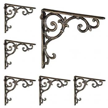 6x Baroque Design Cast Iron Shelf Brackets, 24.5 x 4 x 24.5 cm, Bronze