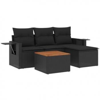 Set de jardín 5 piezas con cojines ratán sintético negro