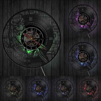 Energie‑Eule Steampunk Uhr: Vinyl‑Aufzeichnung & Lichtspiel