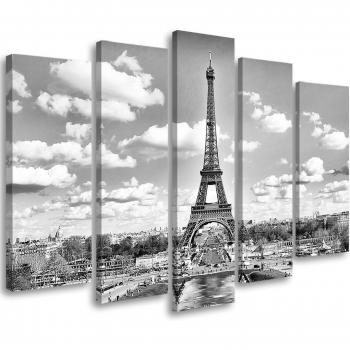 Opera in Tela 5 Parti Torre Eiffel in Bianco e Nero, Dimensioni 100x70, Tinta Grigia