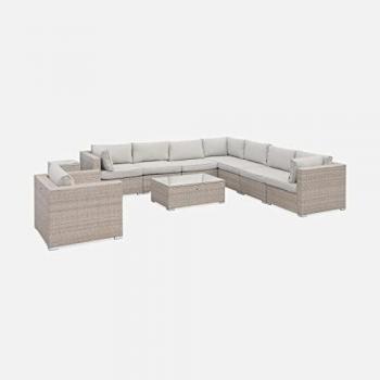 Sofá de Jardín Venezia, Resina Tejida, 10 Plazas, Beige, 303.5x82x67 cm