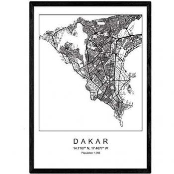 Lámina Decorativa Mapa Dakar Blanco y Negro