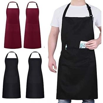 Tablier de Chef 4 pièces, Tablier avec 2 Poches, Tablier Étanche Réglable pour Homme Femme, Tablier de Cuisine Professionnel