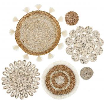 Juego de Cestas Colgantes de Rattan de 6 Piezas, Decoración Boho para la Pared con Borla Tejida, Estilo Flowery