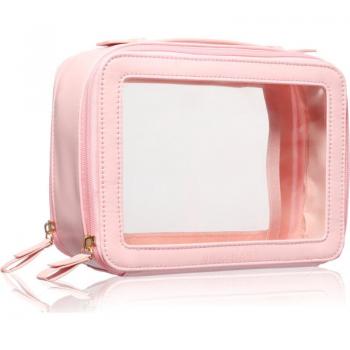 Tote de maquillaje rosa, estuche transparente y elegante