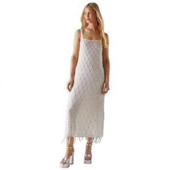 Midnight Ivory Fringe Midi Dress with Hand Embellishments