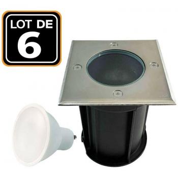 Spot Recessi Quadrati Inox 304, 6 Pezzi, Esterno IP65 + Gu10 5W 3000K Bianco Caldo