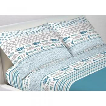 Completo Lenzuola Matrimoniale 100% Cotone Made in Italy Disegno Marino Pesci Azzurro