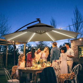 Outsunny 3m Patio Cantilever Parasol – Banana Shade, Dual Roof, LED Lights, 8 Sturdy Ribs, Light Grey