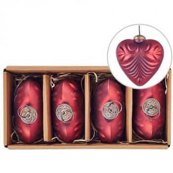Handgemachter Christbaumschmuck 4er Set Rot Glas Herzform 11 cm