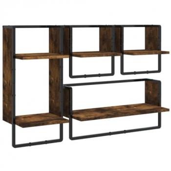 Set di Mensole a Parete con Aste 4pz Rovere Fumo Legno Multistrato